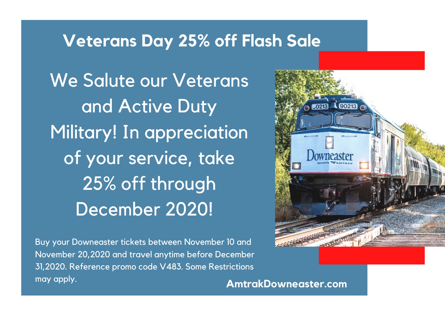 Amtrak Veterans Day 25 Flash Sale Graphic